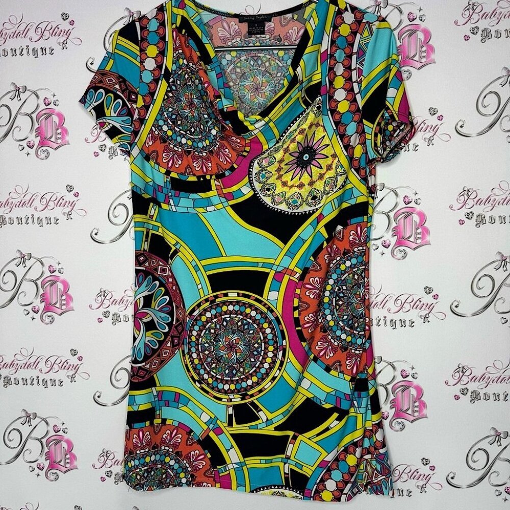 Sunny Taylor dress psychedelic bright groovy paisley circles boho print scoop
